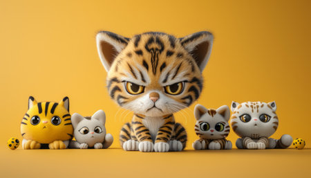 Adorable Collection of Tiger and Kitten Figurines Standing in a Row Against Yellow Background Cute, Collectible, and Perfect for Cat Lovers and Tiger Enthusiasts AI Generativeの素材