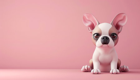 Adorable French Bulldog Puppy Sitting Against Pink Background with Big Ears and Curious Expression Cute Dog Portrait in Minimalistic Studio Setting AI Generativeの素材