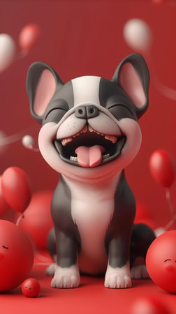 Adorable Happy Cartoon Puppy with Balloons on Red Background Joyful Cute French Bulldog Dog Art Smiling Puppy Celebration Scene Playful Pet Portrait for Kids Room Decor Cute Animals Art AI Generativeの素材