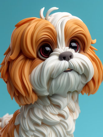 Adorable Shih Tzu Dog Sculpture With Big Eyes, Cute Fluffy Canine Art Creation With Detailed Texture Fur Against Turquoise Background, Perfect for Dog Lovers, Pet Art Enthusiasts, and Decor AI Generativeの素材