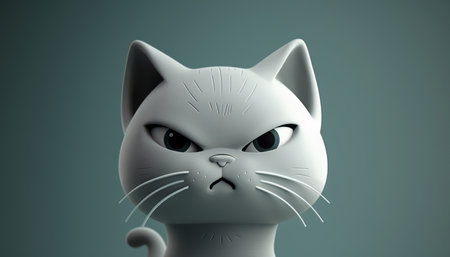 Intriguing Image of a Detailed White Cat with Expressive Eyes and Pensive Expression Set Against a Minimalist Solid Background in a Modern and Artistic Digital Illustration Style AI Generativeの素材