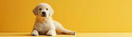 Adorable Labrador Puppy Sitting Against a Vibrant Yellow Background, Capturing the Innocent Beauty and Playfulness of Man&#39;s Best Friend in a Cozy and Cheerful Setting That Will Warm Hearts Instantly AI Generativeの素材