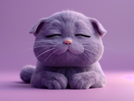 Adorable Sleepy Kitten with Grey Fur Relaxing on Soft Lilac Background Cute and Peaceful Cat Taking a Nap Highlighting the Innocence and Serenity of Cats A Heartwarming and Precious Moment AI Generativeの素材