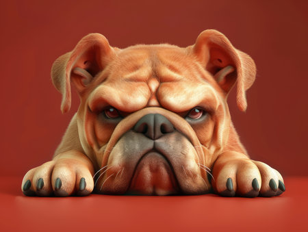 Adorable Bulldog resting on a red background with a grumpy expression in a high resolution photograph showcasing detailed fur texture and captivating eyes, perfect for pet lovers and animal photography enthusiasts AI Generativeの素材