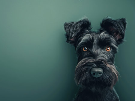 Adorable Black Schnauzer with Beady Eyes Stares Intently Against Green Background Cute and Curious Dog Portrait Capture AI Generativeの素材