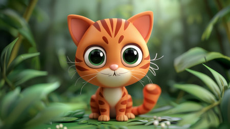 Adorable Cartoon Orange Tabby Cat with Big Green Eyes Sitting in a Lush Green Forest, Surrounded by Leaves and Nature, Radiating Cuteness and Charm AI Generativeの素材