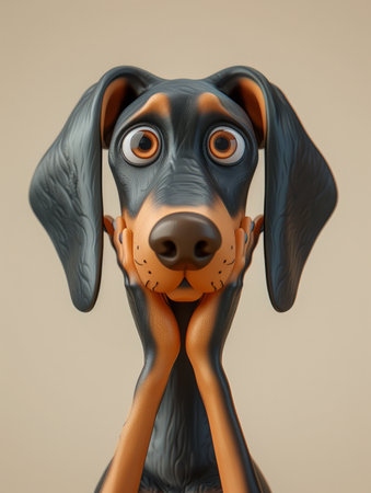 Adorable Animated Dog Character with Big Eyes and Long Ears in a Cute Surprised Expression Charming 3D Cartoon Animal Illustration AI Generativeの素材