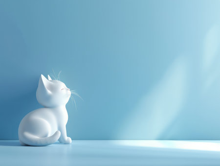 Serene White Cat Looking at Sunbeam against Soft Blue Background Minimalist Art with Soft Lighting for Calm and Peaceful Vibes AI Generativeの素材