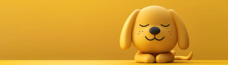 Adorable Yellow Dog Toy Sitting with Closed Eyes on Bright Yellow Background AI Generativeの素材