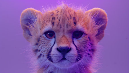 Cheetah Cub Close Up Against Purple Background Wildlife Photography, Endangered Species Awareness, Animal Conservation, Big Cats, Safari Adventures, Nature Photography, Awe Inspiring Cheetah Portrait AI Generativeの素材