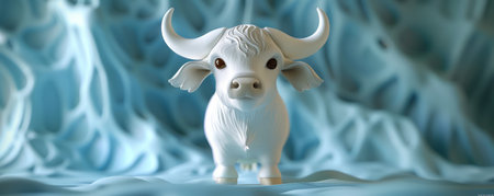Adorable White Buffalo Figurine Against an Abstract Blue Background Cute Artistic Animal Sculpture with Horns AI Generativeの素材