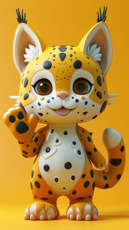 Cute Cartoon Lynx Character Waving, Adorable Spotted Wildcat on Yellow Background, 3D Animation Style, Playful Animal Mascot, Friendly Feline, Child Friendly Design AI Generativeの素材