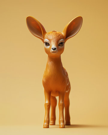 Adorable Brown Toy Deer with Large Ears Standing on Yellow Background Perfect for Children's Toys and Collectibles Photography AI Generativeの素材