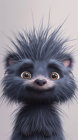 Adorable Furry Creature with Big Eyes and Spiky Fur, Cute Animated Animal Character AI Generativeの素材