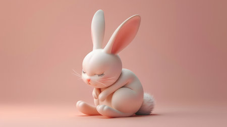 Adorable White Bunny in a Cute Sitting Pose on a Soft Pink Background Captivating Animal Image for Kids, Nursery Decor, and Animal Lovers AI Generativeの素材