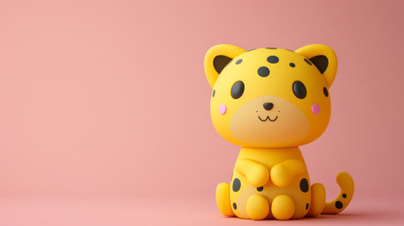 Cute Cartoon Leopard Figurine on Pink Background Adorable Yellow Leopard Toy with Black Spots Fun and Playful Animal Character AI Generativeの素材