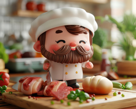 Adorable Cartoon Chef Preparing Meat and Vegetables in a Cozy Kitchen Environment AI Generativeの素材