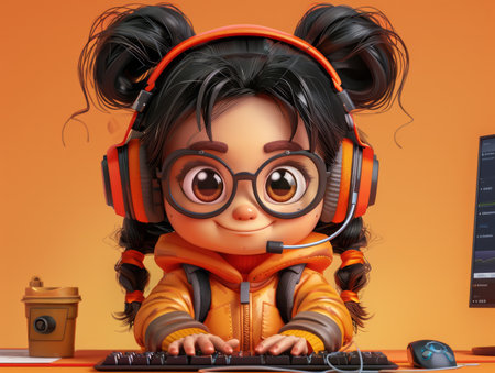 Cute Animated Girl with Headphones and Glasses Playing Video Games On Computer with Orange Background and Coffee Cup AI Generativeの素材