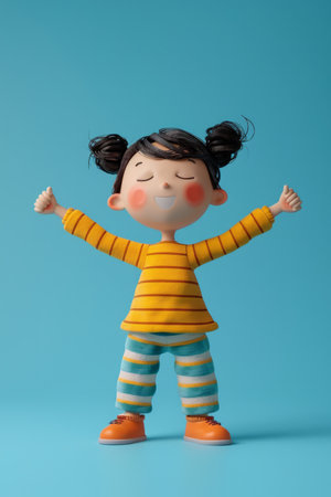 Happy Child in Colorful Clothing with Arms Outstretched on Blue Background Cheerful Kid Figurine with Pigtails and Striped Outfit Joyful Childhood and Playful Imagination Illustration AI Generativeの素材