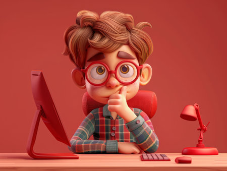 Thoughtful Boy Figurine at Desk with Computer, Lamp, and Books Artistic Concept of Contemplative Student or Office Worker in a Red themed Room AI Generativeの素材