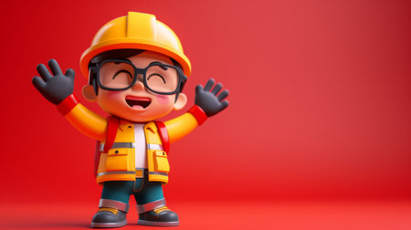 Happy Construction Worker Cartoon Character in Safety Gear with Glasses and Smiling Face on Bright Red Background AI Generativeの素材