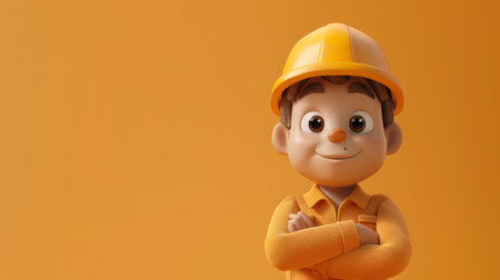 Young Construction Worker Smiling in Safety Gear on Orange Background High Quality 3D Illustration for Kids&#39; Educational Materials and Career Awareness Campaigns AI Generativeの素材