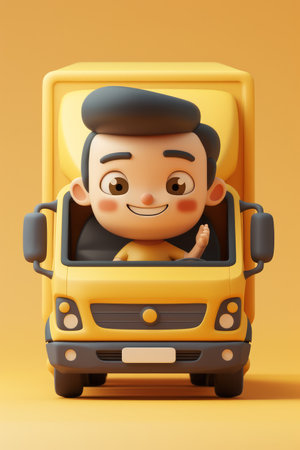 Animated Cartoon Character Driving Yellow Truck Cute 3D Illustration Children&#39;s Animation Art Happy Character in Vehicle Fun and Playful Design Bright and Cheerful Imagery AI Generativeの素材