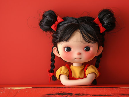 Adorable Handmade Doll With Black Hair in Pigtails Wearing Red And Yellow Outfit Against Red Backdrop, Captivating Expression, Kids Room Decor, Cute and Collectible Art Doll for Home Decoration AI Generativeの素材