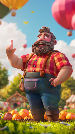 Cheerful Animated Farmer in Plaid Shirt and Blue Overalls with Pumpkins and Hot Air Balloons in Bright Autumn Scene AI Generativeの素材