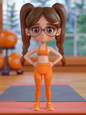 Young Girl Cartoon Character in Orange Workout Outfit Standing Confidently on Yoga Mat in Modern Gym with Exercise Balls in Background AI Generativeの素材
