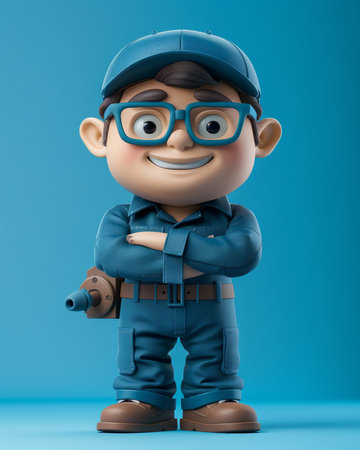 Smiling Cartoon Repairman in Uniform with Arms Crossed Holding Tool Belt on Blue Background 3D Rendered Animation Character for Service, Repair, and Maintenance Themes AI Generativeの素材