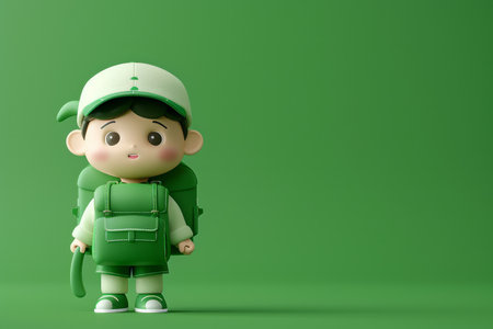 Cute Cartoon Boy Character in Backpacker Outfit on Green Background Adventure Themed Illustration, Kid Friendly Design, 3D Art, Child Explorer Concept, Suitable for Kids&#39; Projects and Merchandise AI Generativeの素材