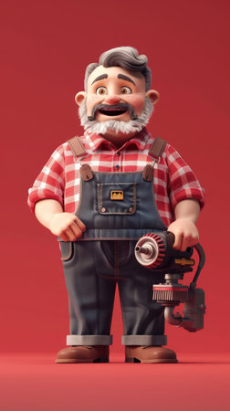 Cheerful cartoon handyman character with gray hair, beard, checkered shirt, and overalls holding a wrench against red background AI Generativeの素材