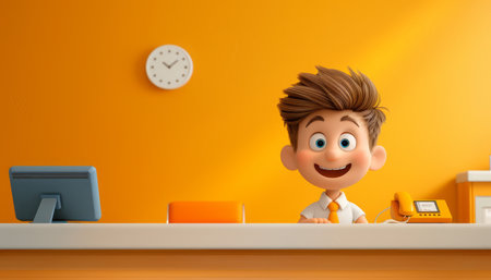 Cheerful Receptionist Cartoon Animation in Bright Office Setting with Orange Background and Modern Desk Accessories AI Generativeの素材