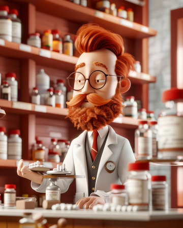 Charming 3D Cartoon Scientist in Pharmacy Surrounded by Colorful Medicine Bottles and Tablets on Wooden Shelves AI Generativeの素材