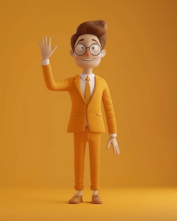 Animated Character in Yellow Suit Waving, Cheerful 3D Illustration, Happy Cartoon Greeting, Friendly Gesture AI Generativeの素材