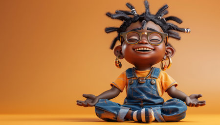 Adorable 3D Cartoon Child Sitting Cross Legged with Glasses and Dreadlocks Wearing Overalls and Smiling Against Orange Background AI Generativeの素材