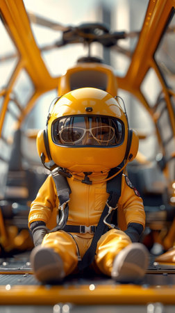 Cute Astronaut in Yellow Space Suit Sitting in Futuristic Helicopter Cockpit AI Generativeの素材