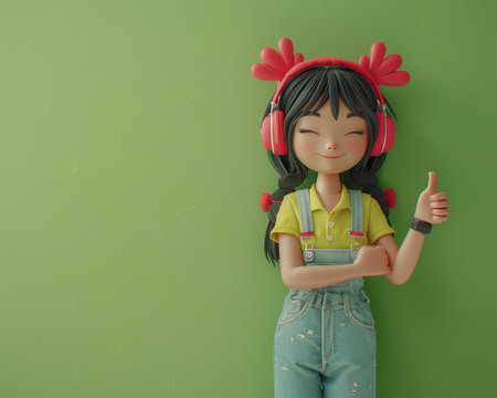 Cute Girl Character with Red Antler Headphones Giving Thumbs Up in Front of Green Background, Colorful Overalls, Animated Figure, Happy Expression, Cartoon, Cheerful Vibe AI Generativeの素材