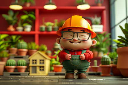 Cheerful Cartoon Builder Figure with Hard Hat in Green Overalls Amid Colorful Indoor Plants and Shelves in Cozy Home Environment Cute Garden Decor AI Generativeの素材