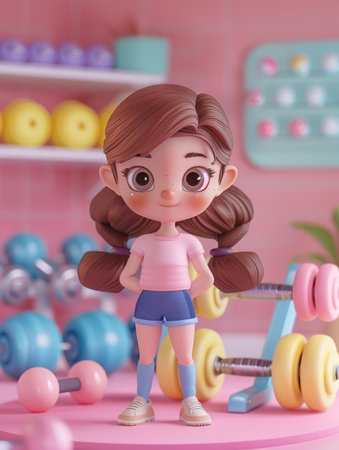 Charming Cartoon Girl in Gym with Colorful Weights and Fitness Equipment, Vibrant Workout Scene, 3D Character Art, Whimsical Animation, Healthy Lifestyle AI Generativeの素材