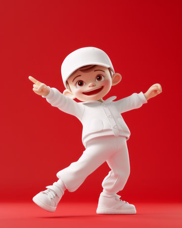 Cheerful Animated Boy Striking a Pose in All White Outfit with Red Background Fun, Youthful Energy and Vibrant Colors Captured in 3D Render AI Generativeの素材