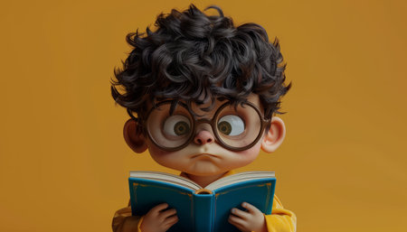 Animated Child with Curly Hair and Glasses Reading a Blue Book Against a Yellow Background Fun, Educational, and Whimsical Illustration for Children s Content, Learning Materials, and Storytelling Themes AI Generativeの素材