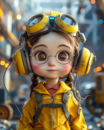 Adventurous Steampunk Little Girl with Big Round Glasses and Yellow Retro Headset in Industrial Cityscape 3D Animated Character Artwork AI Generativeの素材