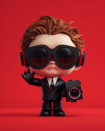 Stylish Toy Figure with Camera Wearing Black Suit and Red and Black Sunglasses, Funko Pop Style, Red Background AI Generativeの素材