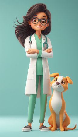 Female Veterinarian in Green Scrubs with Stethoscope and Glasses Standing Next to a Cute Brown and White Dog on Light Blue Background AI Generativeの素材