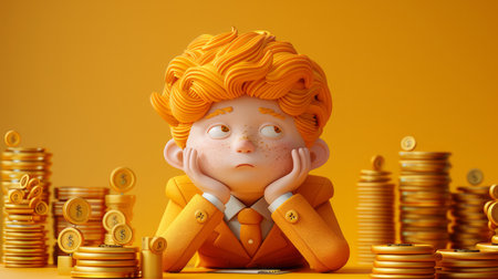 Thoughtful Child Amidst Piles of Gold Coins, Financial Dreams and Aspirations, Childhood Wealth Imagination, Youth Pondering Future Riches, Financial Planning from a Young Age, Kids and Money AI Generativeの素材