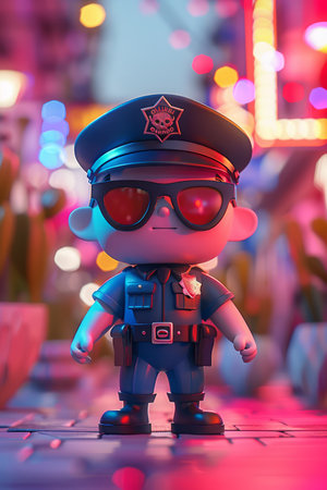 Cute Cartoon Police Officer Character in Vibrant City Lights Setting AI Generativeの素材
