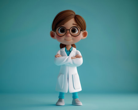 Animated Character of Young Scientist Girl in Lab Coat with Glasses and Brown Hair, Arms Crossed Confidently, on Solid Teal Background AI Generativeの素材