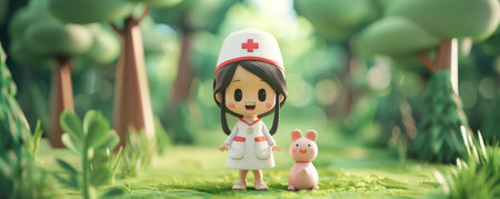 Cute Nurse Character with Adorable Animal Companion in Enchanted Forest Whimsical 3D Illustration of a Sweet Medical Worker and Her Charming Friend Standing in a Lush, Magical Woodland Environment AI Generativeの素材